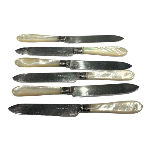 50A - HARRISON BROTHERS & HOWSON, A SET OF SIX VICTORIAN SILVER AND MOTHER OF PEARL HANDLED KNIVES AND FOR... 