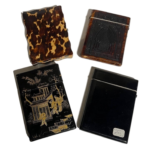 75 - THREE LATE 19TH CENTURY TORTOISESHELL CARD CASES
To include a japanned chinoiserie example. 
(11.8cm... 