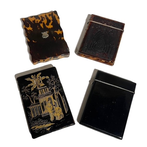 75 - THREE LATE 19TH CENTURY TORTOISESHELL CARD CASES
To include a japanned chinoiserie example. 
(11.8cm... 