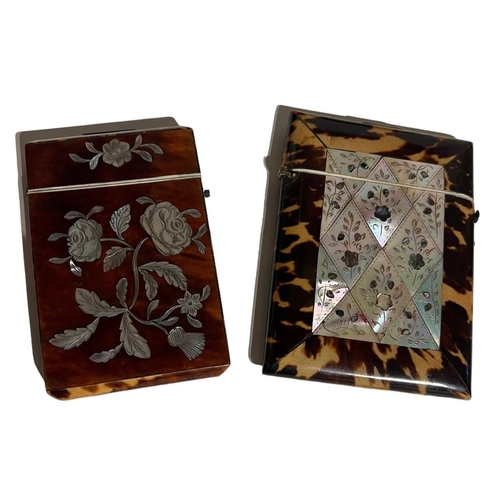 76 - TWO 19TH CENTURY TORTOISESHELL AND MOTHER OF PEARL CARD CASES
Both decorated with floral inserts to ... 