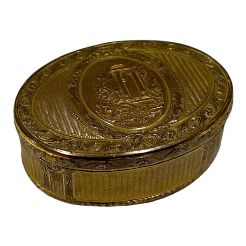 80A - A 19TH CENTURY FRENCH GILT OVAL HINGED BOX
Having central oval plaque depicting ruins and precious o... 