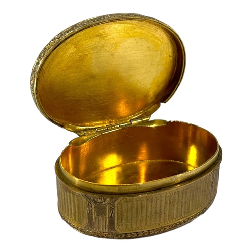 80A - A 19TH CENTURY FRENCH GILT OVAL HINGED BOX
Having central oval plaque depicting ruins and precious o... 