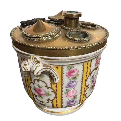 83 - SÈVRES, FRENCH, AN 18TH CENTURY PORCELAIN INKWELL STAND FORMED AS A VASE
Having gilded top, decorate... 