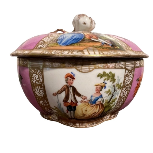 84 - AUGUSTUS REX, MEISSEN, AN 18TH CENTURY GERMAN BOWL AND COVER
Having floral and figural panels within... 