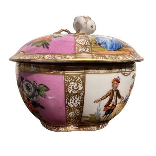 84 - AUGUSTUS REX, MEISSEN, AN 18TH CENTURY GERMAN BOWL AND COVER
Having floral and figural panels within... 