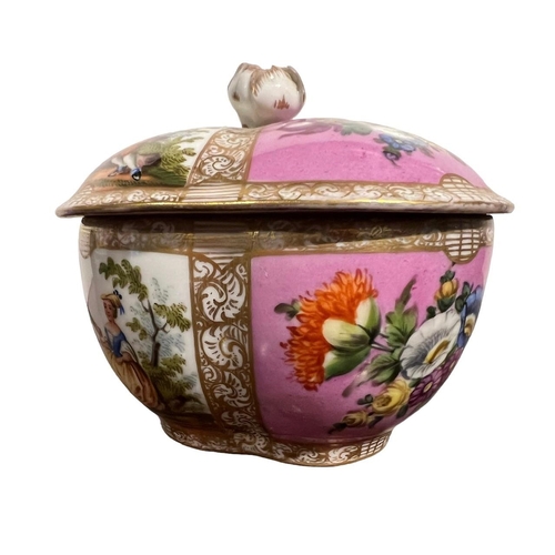 84 - AUGUSTUS REX, MEISSEN, AN 18TH CENTURY GERMAN BOWL AND COVER
Having floral and figural panels within... 