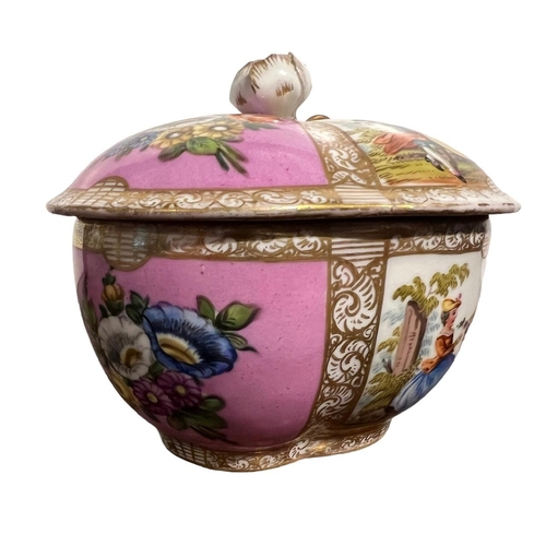 84 - AUGUSTUS REX, MEISSEN, AN 18TH CENTURY GERMAN BOWL AND COVER
Having floral and figural panels within... 