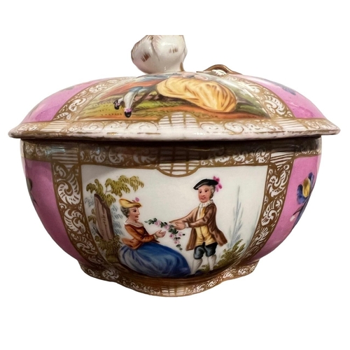 84 - AUGUSTUS REX, MEISSEN, AN 18TH CENTURY GERMAN BOWL AND COVER
Having floral and figural panels within... 