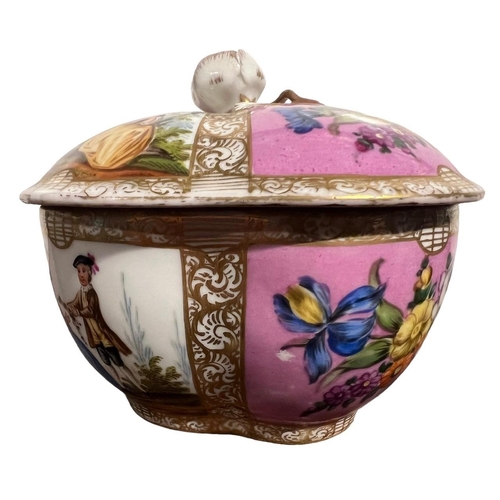 84 - AUGUSTUS REX, MEISSEN, AN 18TH CENTURY GERMAN BOWL AND COVER
Having floral and figural panels within... 