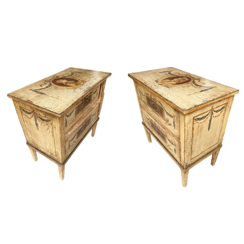 201A - A PAIR OF CONTINENTAL PAINTED COMMODE CHEST OF DRAWERS, the tops painted with oval portrait above tw... 