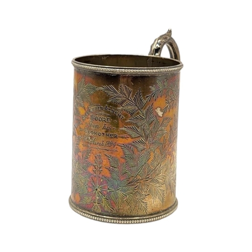 31 - WILLIAM HUTTON & SONS, A VICTORIAN SILVER MUG, HALLMARKED LONDON, 1887
Chased fern leaf decoration, ... 