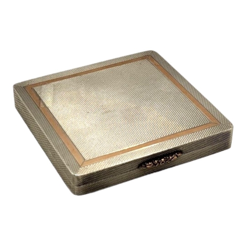 34 - W.H. MANTON LTD, A MID 20TH CENTURY ART DECO STYLE SILVER AND ROSE GOLD MIRRORED COMPACT, HALLMARKED... 