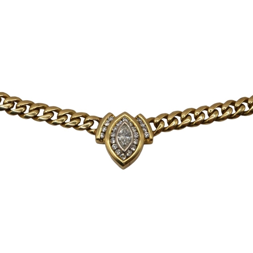 55 - A VINTAGE 18CT YELLOW GOLD AND DIAMOND NECKLACE
Having central marquise cut diamond (approx. 7mm x 4... 