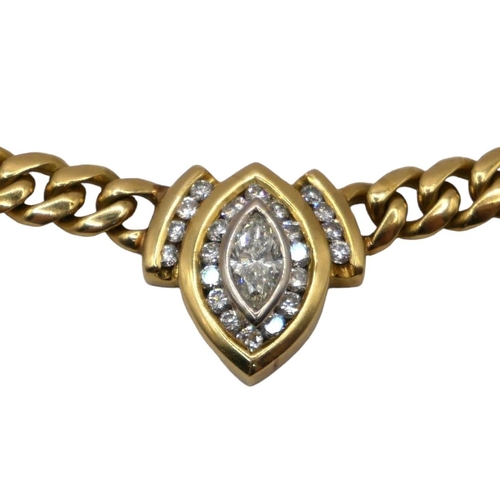55 - A VINTAGE 18CT YELLOW GOLD AND DIAMOND NECKLACE
Having central marquise cut diamond (approx. 7mm x 4... 