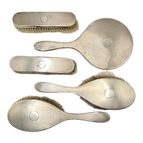 9 - PADGETT & BRAHAM LTD, MID CENTURY FIVE PIECE SILVER DRESSING TABLE SET, HALLMARKED LONDON, 1942
Comp... 