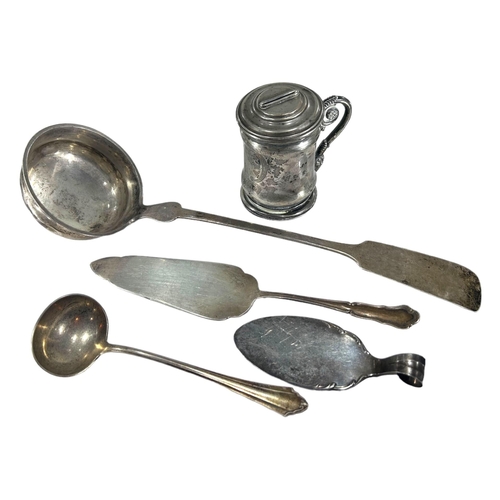 24 - AUSTRIAN OR GERMAN, A LARGE LATE 18TH/EARLY 19TH SILVER LADLE AND MUG, TOGETHER WITH LATER GERMAN SI... 