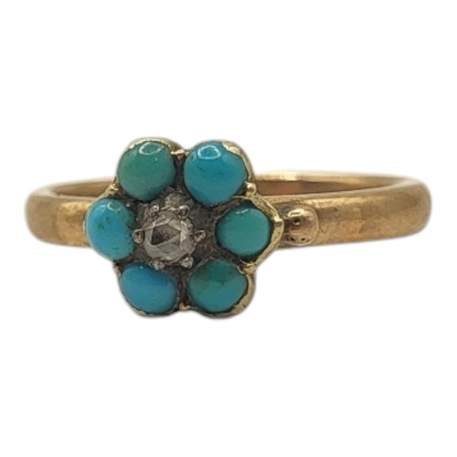 54 - A LATE VICTORIAN/EARLY EDWARDIAN 9CT GOLD, TURQUOISE AND DIAMOND RINGHaving central round rose cut ... 
