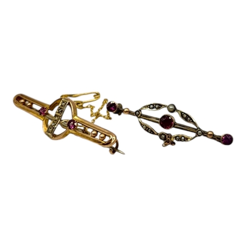 82 - TWO LATE VICTORIAN/EARLY EDWARDIAN 9CT GOLD, PURPLE GARNET AND PEARL BAR BROOCHES. (largest 44.5mm ... 