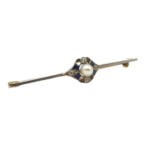 85 - AN ART DECO TWO TONED 15CT GOLD, PEARL, SAPPHIRE AND DIAMOND BAR BROOCHHaving central surmounted pe... 