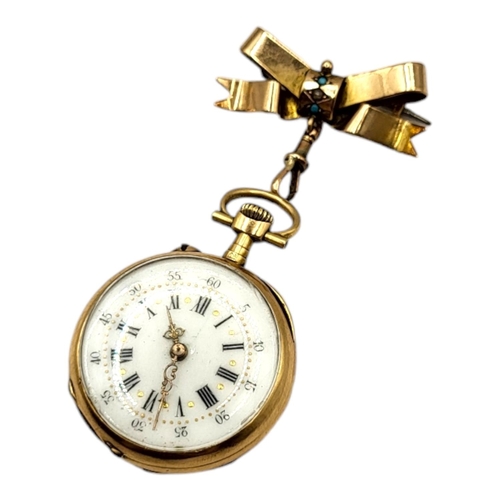 95 - A LATE 19TH CENTURY FRENCH 18CT GOLD POCKET WATCH, ATTACHED TO A BRITISH 9CT GOLD, TURQUOISE AND PEA... 