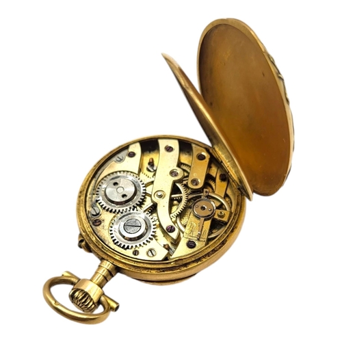 95 - A LATE 19TH CENTURY FRENCH 18CT GOLD POCKET WATCH, ATTACHED TO A BRITISH 9CT GOLD, TURQUOISE AND PEA... 