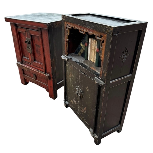 8 - TWO ORIENTAL LACQUERED AND PAINTED SIDE CABINETS
With doors and drawers.
(h 74.5cm x 23cm x w 45cm, ... 