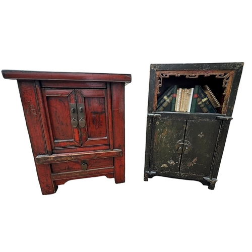 8 - TWO ORIENTAL LACQUERED AND PAINTED SIDE CABINETS
With doors and drawers.
(h 74.5cm x 23cm x w 45cm, ... 