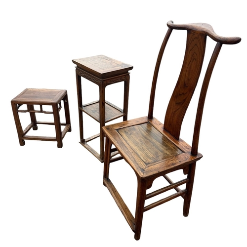 10 - THREE CHINESE HARDWOOD ITEMS
To include a carved two tier stand, hat chair and small table.
(stand 8... 