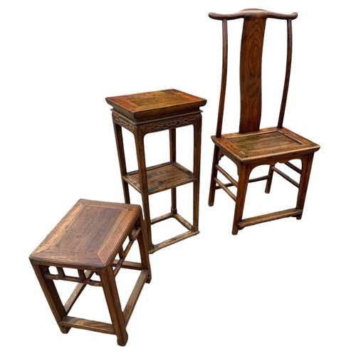 10 - THREE CHINESE HARDWOOD ITEMS
To include a carved two tier stand, hat chair and small table.
(stand 8... 