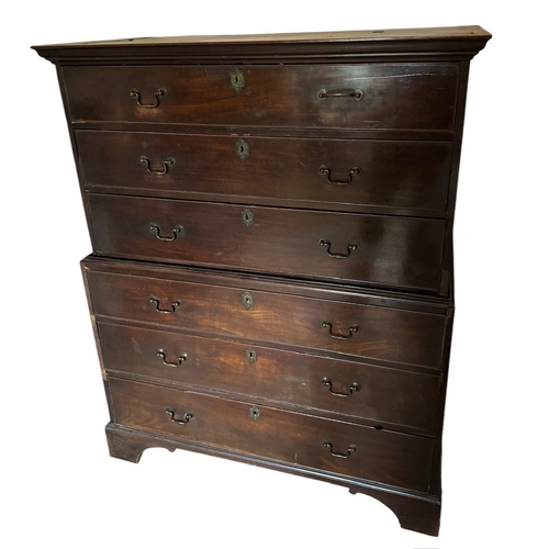 30 - A GEORGE III MAHOGANY CHEST ON CHEST
Of six long drawers fitted with swan neck handles, raised on br... 