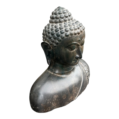 102 - A THAI BRONZE BUST OF BUDDHA. 
(h 30cm x w 31.7cm x d 16.5cm)