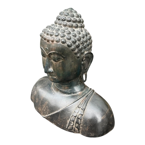 102 - A THAI BRONZE BUST OF BUDDHA. 
(h 30cm x w 31.7cm x d 16.5cm)