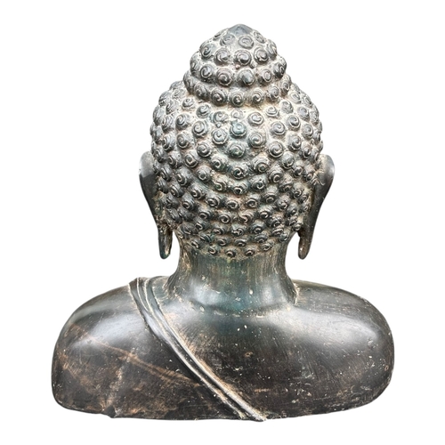 102 - A THAI BRONZE BUST OF BUDDHA. 
(h 30cm x w 31.7cm x d 16.5cm)