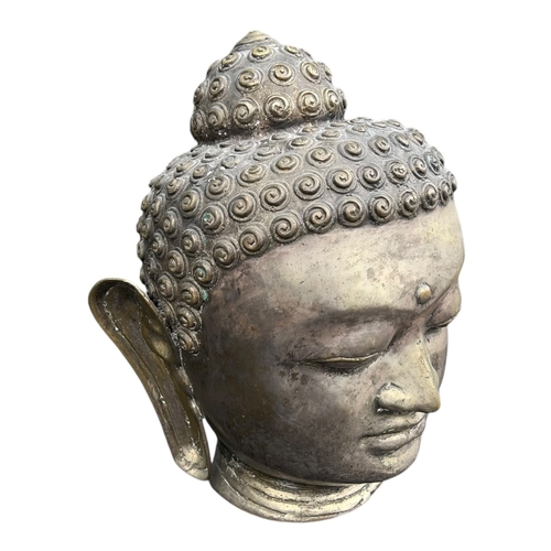 110 - A THAI SILVERED BRASS BUST OF BUDDHA. 
(h 31.5cm x w 25.5cm x d 23.5cm)