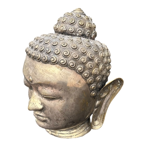 110 - A THAI SILVERED BRASS BUST OF BUDDHA. 
(h 31.5cm x w 25.5cm x d 23.5cm)