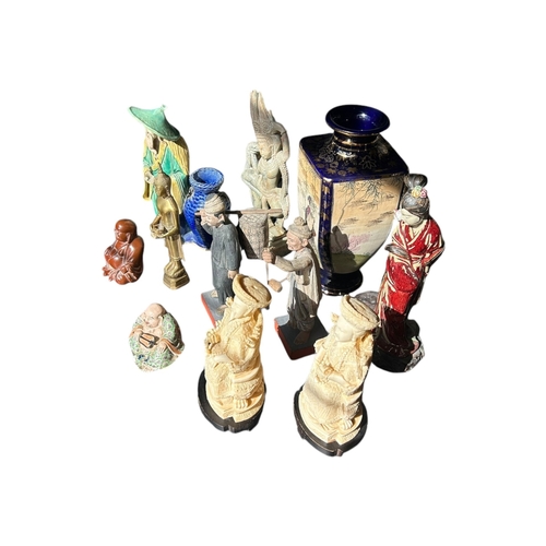 138 - A COLLECTION OF 20TH CENTURY CHINESE AND JAPANESE FIGURES AND VASE
To include a pair of Chinese resi... 