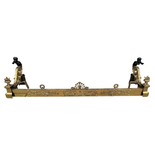 186 - A 19TH CENTURY FRENCH LOUIS XVI DESIGN GILT AND PATINATED BRONZE ANDIRONS
The ends with two putti on... 