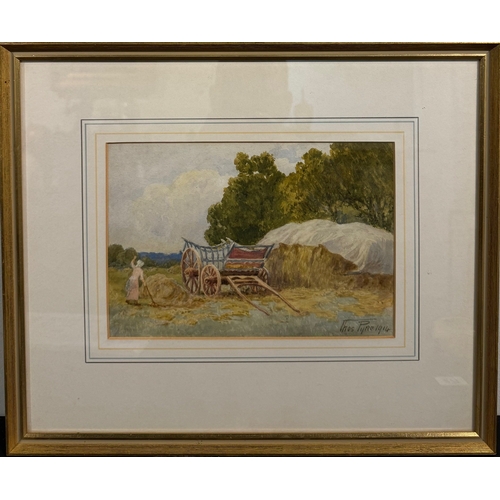 203 - THOMAS PYNE, 1843 - 1935, WATERCOLOUR
Titled ‘Haymaking’, landscape, signed and dated 1914, bearing ... 