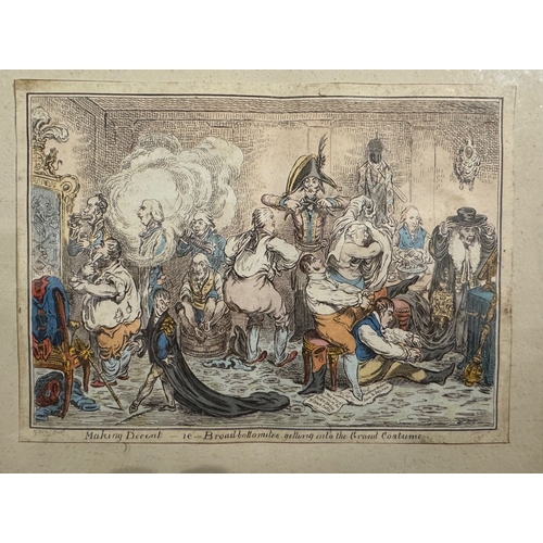 205 - JAMES GILLRAY, BRITISH, 1756 - 1815, TWO HAND COLOURED ETCHINGS
Titled ‘Making Decent i.e. - Broad B... 