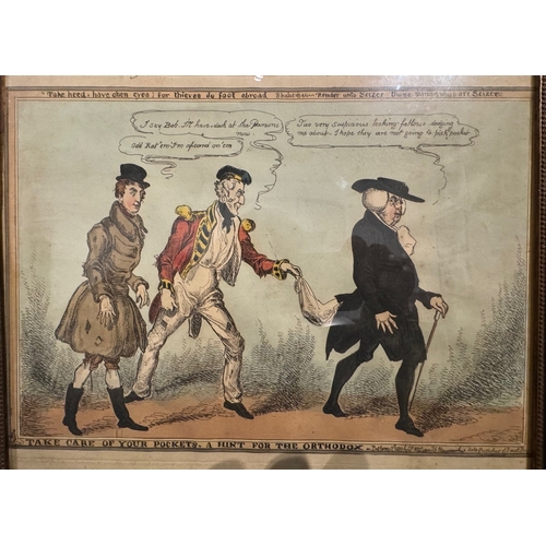 212 - THREE 19TH CENTURY COLOURED CARICATURE ETCHINGS PRINTS
To include William Heath, 1794 - 1840, ‘Take ... 