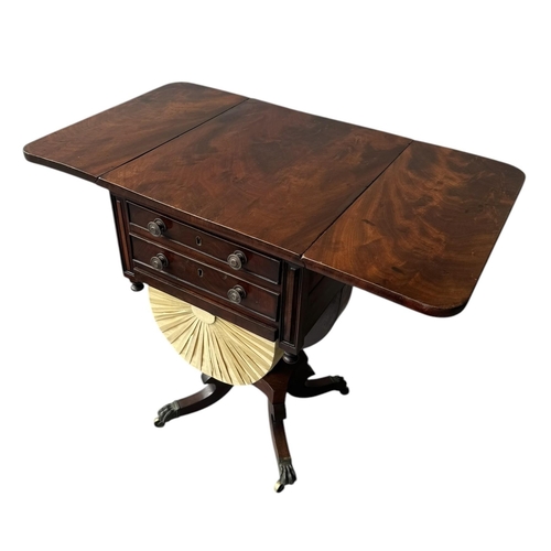 13 - A REGENCY MAHOGANY DROP LEAF LADIES’ SEWING/WORK TABLE
With two drawers above a yellow pleated silk ... 