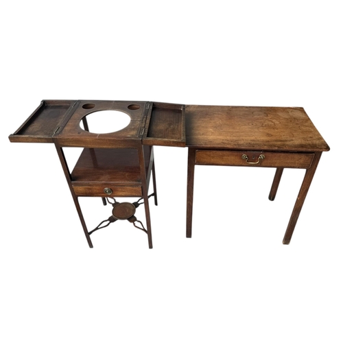 17 - A GEORGE III MAHOGANY SIDE TABLE
Together with a Georgian mahogany washstand with hinged lid.
(table... 