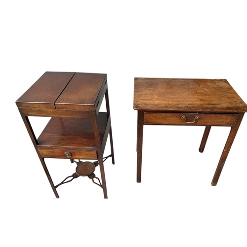 17 - A GEORGE III MAHOGANY SIDE TABLE
Together with a Georgian mahogany washstand with hinged lid.
(table... 