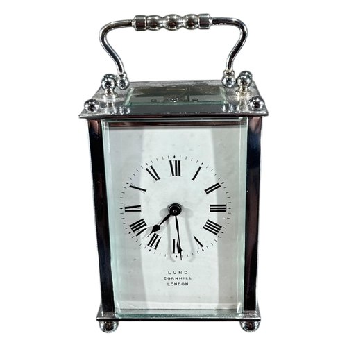 175 - LUND CORNHILL, LONDON, A LATE 19TH/EARLY 20TH CENTURY FRENCH SILVERED CARRIAGE CLOCK
Having white en... 