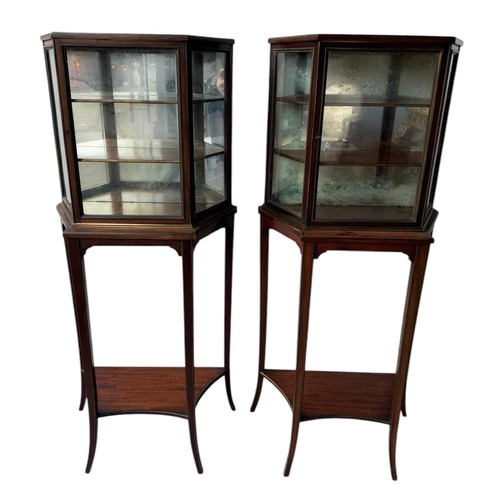 3 - A PAIR OF LATE 19TH CENTURY ENGLISH MAHOGANY AND GILT METAL MOUNTED GLAZED DISPLAY CABINET ON STANDS... 