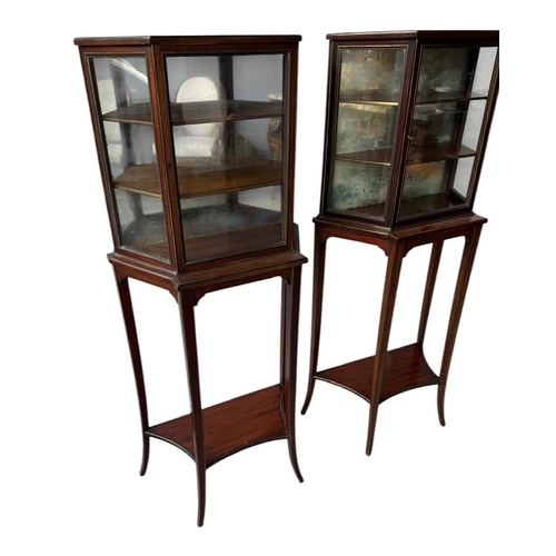 3 - A PAIR OF LATE 19TH CENTURY ENGLISH MAHOGANY AND GILT METAL MOUNTED GLAZED DISPLAY CABINET ON STANDS... 