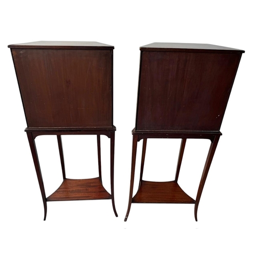 3 - A PAIR OF LATE 19TH CENTURY ENGLISH MAHOGANY AND GILT METAL MOUNTED GLAZED DISPLAY CABINET ON STANDS... 