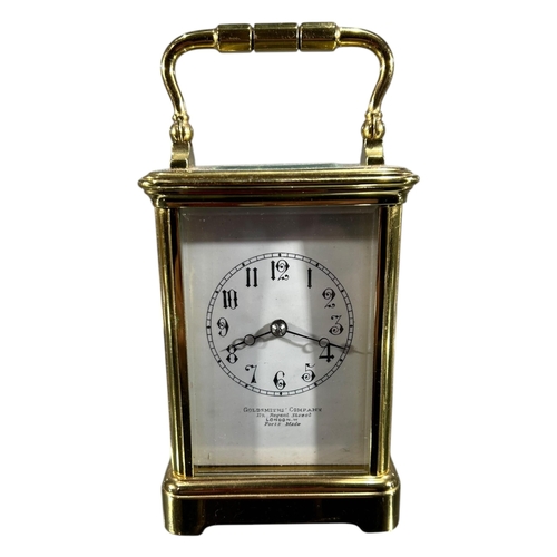 65 - GOLDSMITHS COMPANY, A LATE 19TH/EARLY 20TH CENTURY FRENCH CARRIAGE CLOCK
Having white enamel dial wi... 