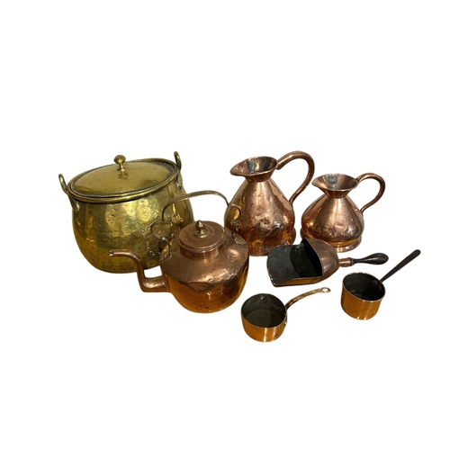 80 - A COLLECTION OF 19TH/20TH CENTURY HEAVY GAUGE COPPER AND BRASSWARE
To include large milk jug/pitcher... 