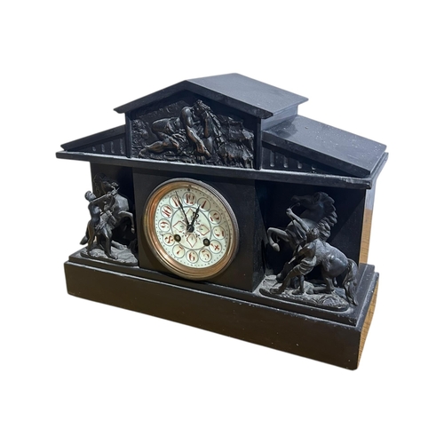 89 - RICHARD & CIE, A LATE 19TH CENTURY VICTORIAN SLATE MANTEL CLOCK
Having white enamel dial with Arabic... 